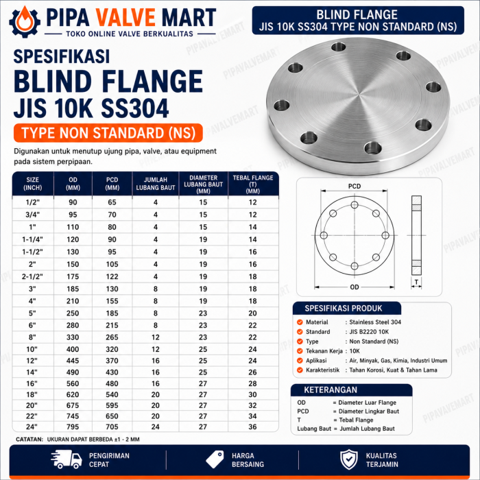 Blind Flange JIS 10K SS304 NS 8" - 14" - Image 2