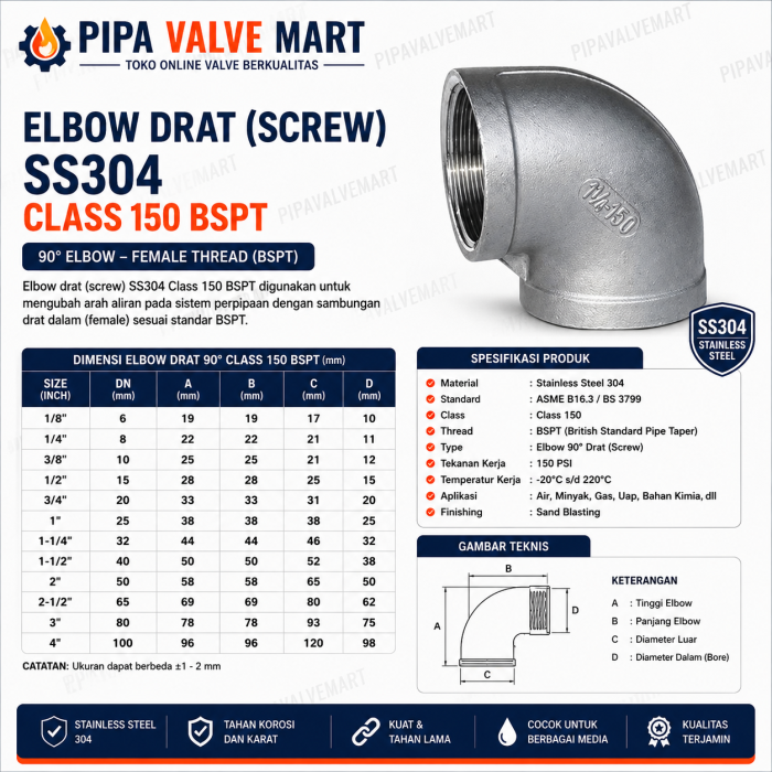 Elbow Drat (Screw) SS304 Class 150 BSPT - Image 2