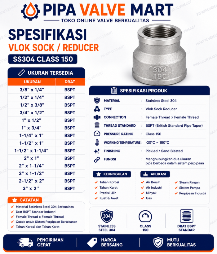 Vlok Sock / Reducer SS304 Class 150 BSPT 2-1/2" - 3" - Image 2