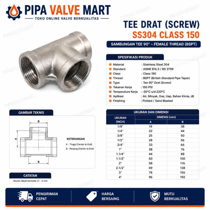 Tee Drat (Screw) SS304 Class 150 BSPT - Image 2