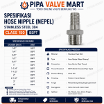 Hose Nipple (Nepel Selang) SS304 Class 150 BSPT - Image 2