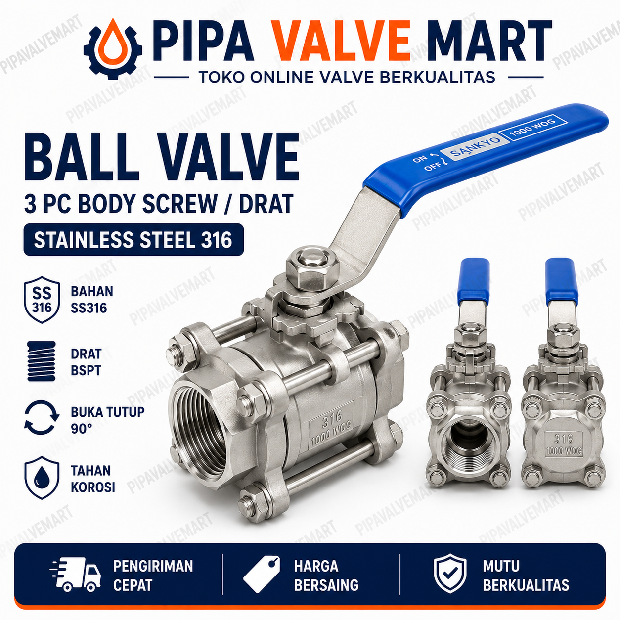 image4 (3) Ball Valve 3 PC Body Screw/Drat Stainless Steel 316 - Image 1