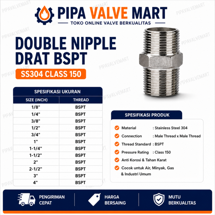 Double Nipple Drat SS304 Class 150 BSPT - Image 2