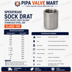 Sock Drat / Pipa Socket Drat Dalam SS304 Class 150 BSPT - Image 2
