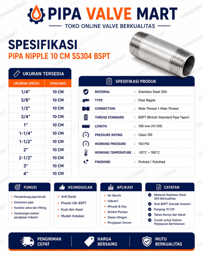 Pipa Nipple 10 CM SS304 BSPT Male Thread x Male Thread Class 150 - Image 2