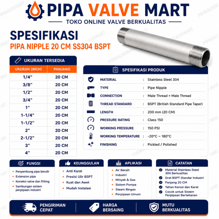 Pipa Nipple 20 CM SS304 BSPT Male Thread x Male Thread Class 150 - Image 2